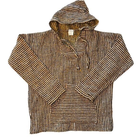 VEL MEX Black And Gold STRIPED BAJA SURF HOODIE Size Large Hippie Boho Chic - Picture 1 of 6